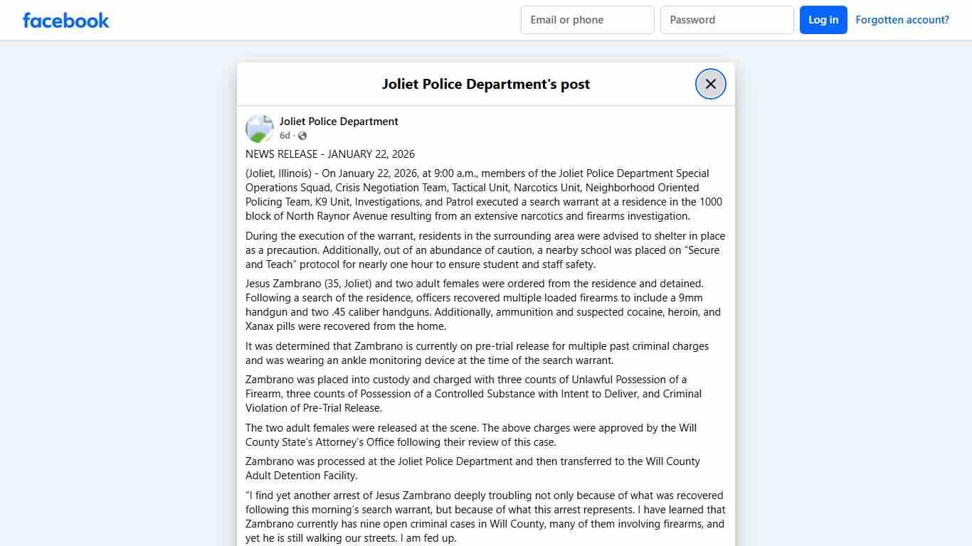 NEWS RELEASE - JANUARY 22, 2026... - Joliet Police Department Facebook